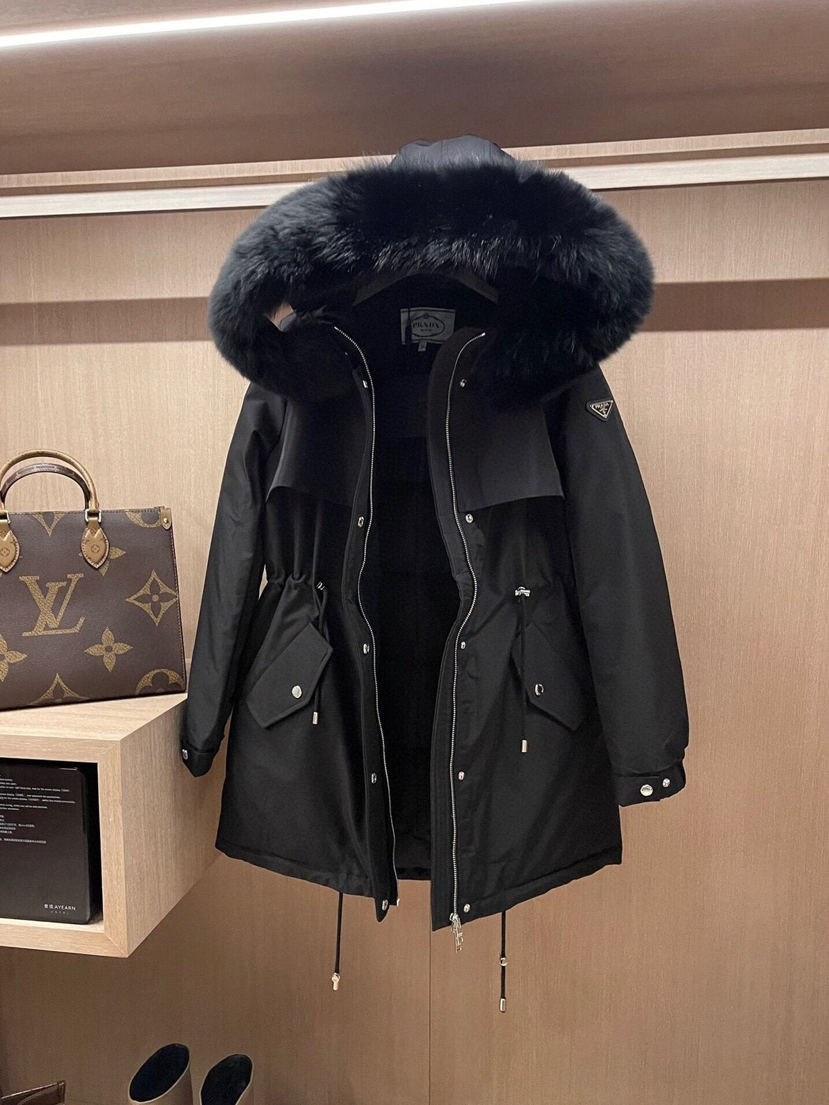 Prada Detachable Fox Fur-Trim Hood Long Down Jacket — detail