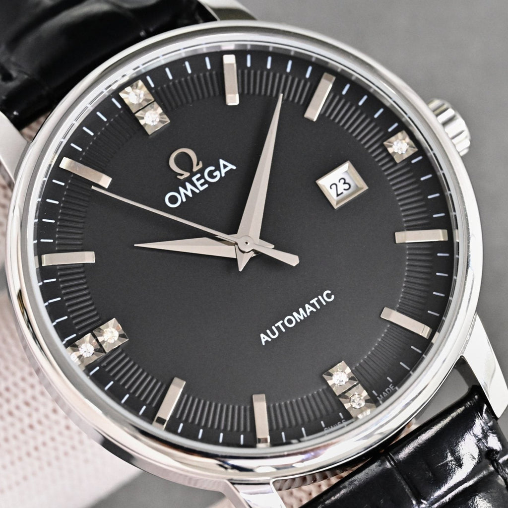 Omega Black Silver Dial Leather Strap Watch — front