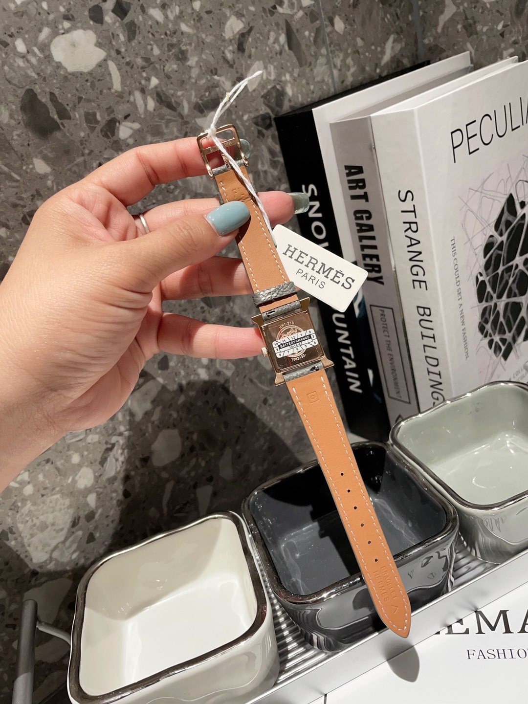 Hermès Gray Strap Gold-Tone Square Watch — side