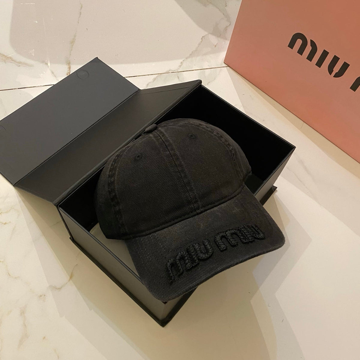 Miu Miu Distressed Washed Baseball Cap - Black / White
